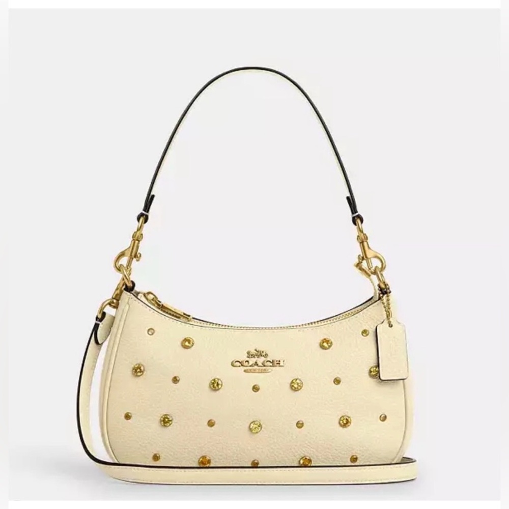 Coach Teri Leather Shoulder Bag Moonlight Yellow with Crystals